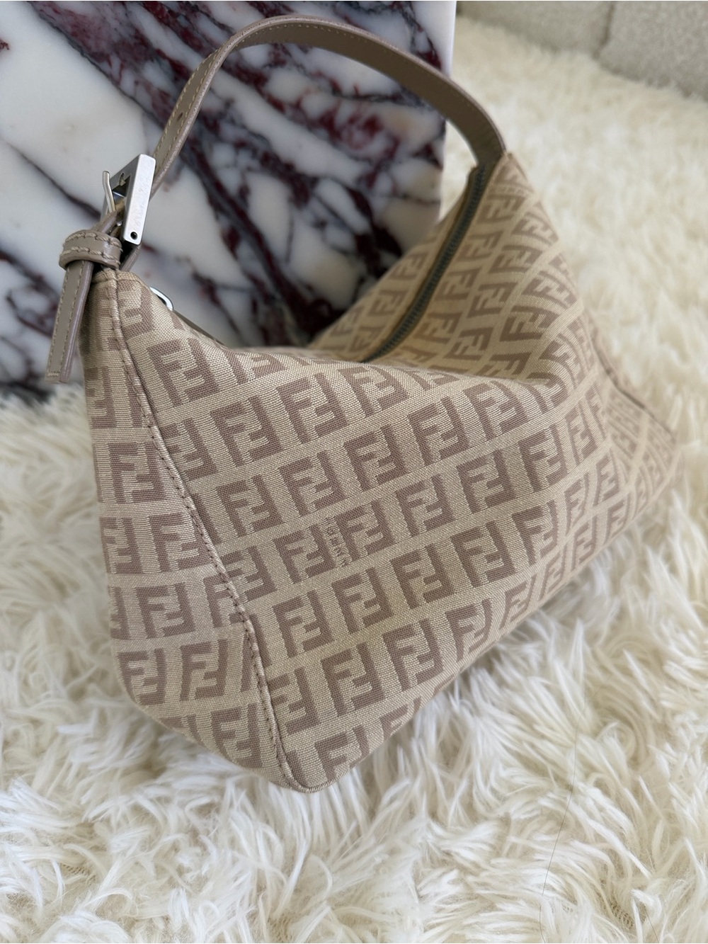Fendi Taupe FF Logo Canvas Hobo Shoulder Bag